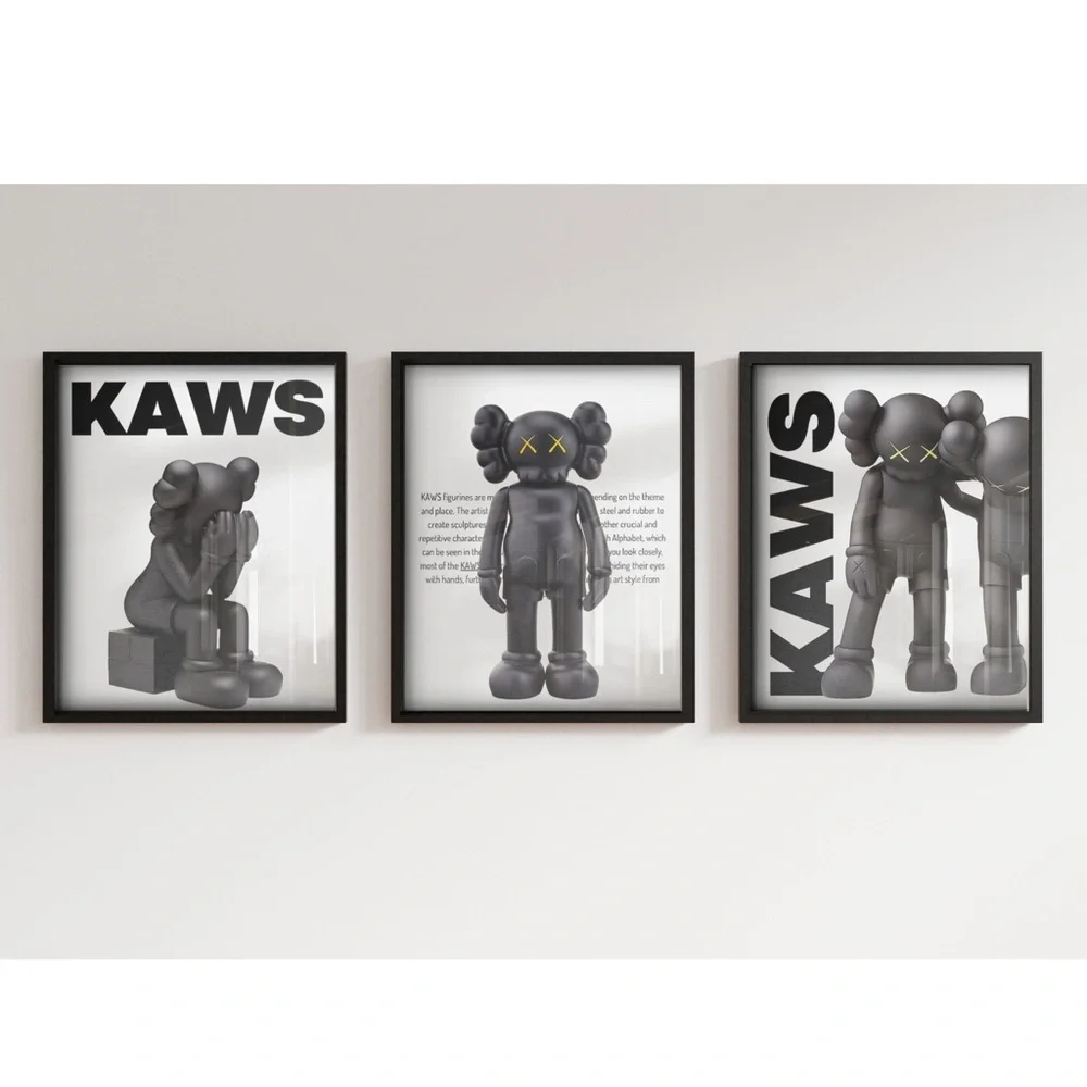 KAWS Black and Gray Companion Triptych Wall Art